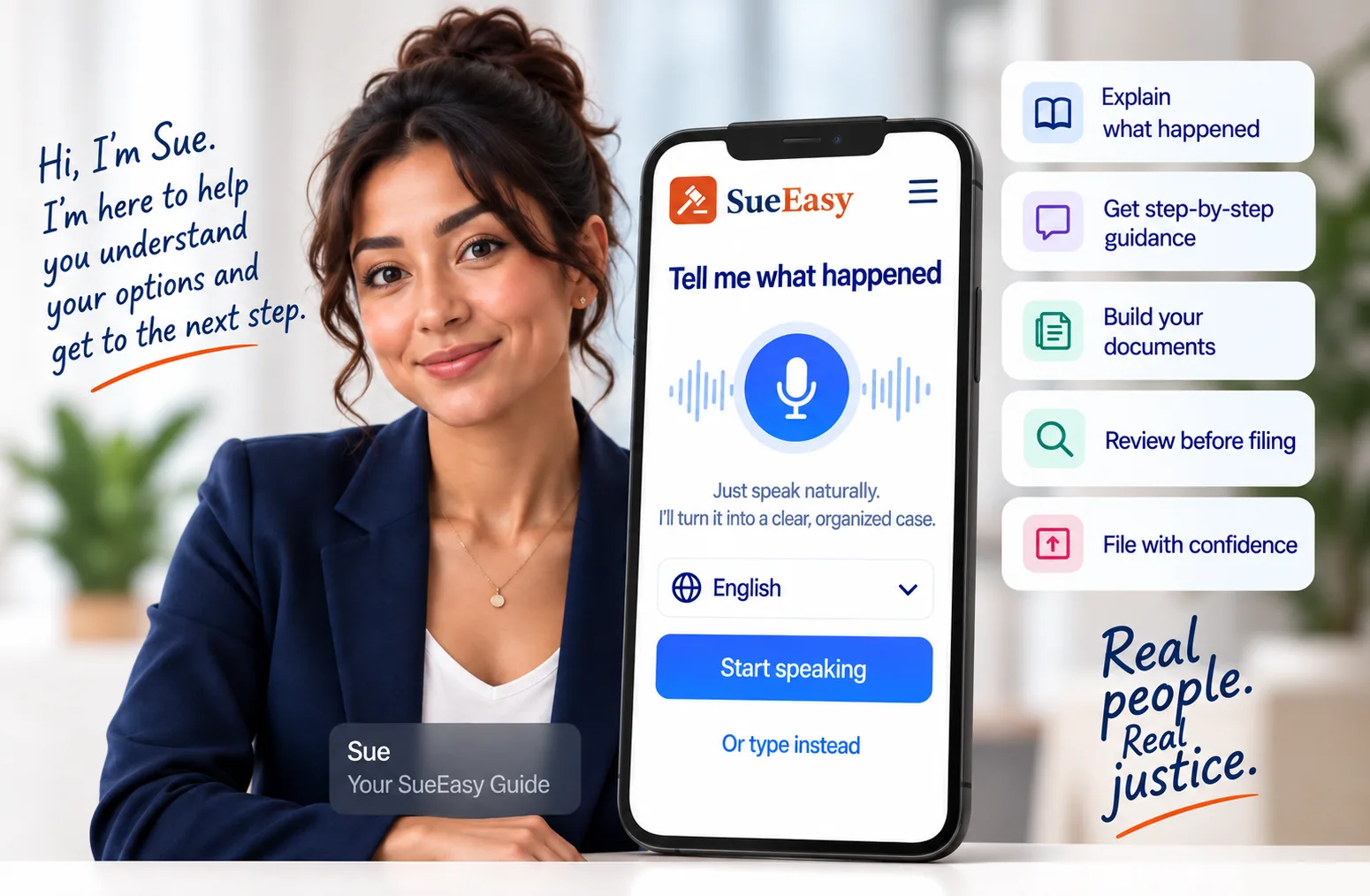 The SueEasy app on a phone, showing the step where you speak or type your story, next to a panel of app steps
